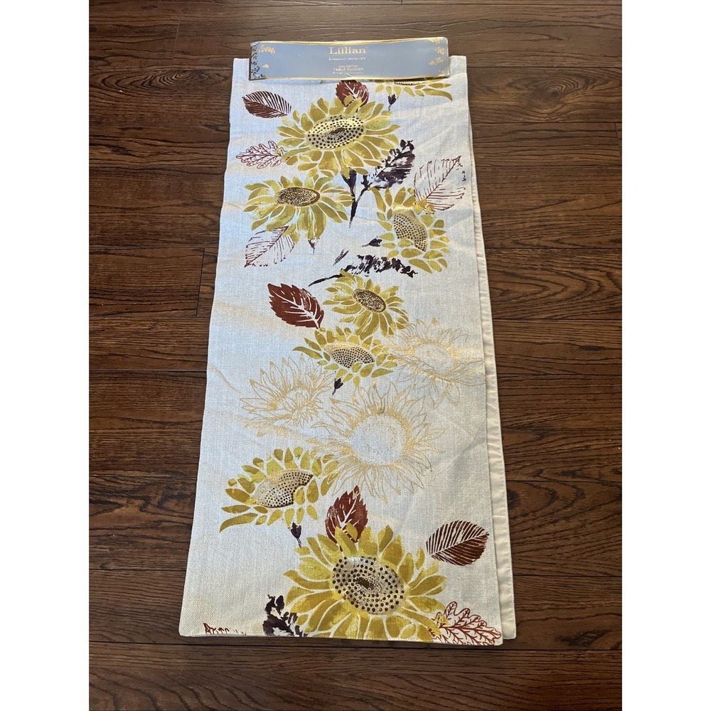 LILLIAN AUGUST Table Runner Fall Sunflowers Gold Metallic Farmhouse 16 X 90" NWT